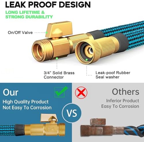 100 ft Expandable Garden Hose with 10 Function Nozzle Sprayer, Lightweight Flexible Water Hose with Durable Collapsible Latex Core & Solid Brass Fittings, 100ft Retractable Stretch Hose Black & Blue - Image 4