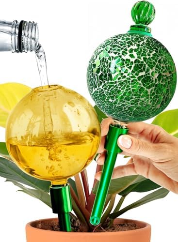 16 Oz 2 pcs Plant Watering Globes for Indoor Plants with Metal Self Watering Planter Insert - Premium XL Glass Hand-Blown Globes - Automatic Plant Waterer Indoor, Gift for Gardeners [Golden & Mosaic] by GARDENBRO