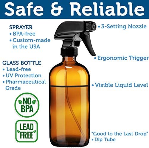 Sally's Organics Empty Amber Glass Spray Bottle - Large 16 oz Refillable Container for Essential Oils, Cleaning Products, or Aromatherapy - Black Trigger Sprayer w/Mist and Stream Settings - 6 Pack - Image 4