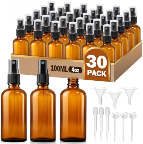 BESNEL 30 PACK 4oz Amber Glass Spray Bottles, Small, Fine Mist Refillable by BESNEL
