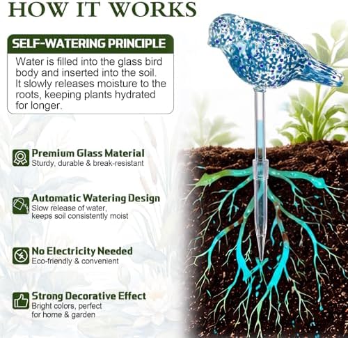 Duraaamo Self Watering Plant Globes Set of 5 - Bird Shaped Multicolor Hand Blown Glass Watering Bulbs, Automatic Plant Accessories Devices for Indoor & Outdoor Plants, Decorative Garden Stakes - Image 4