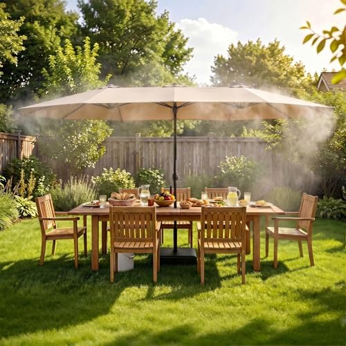 15 FT Patented Misting Patio Umbrella with Base, Outdoor Umbrella with Built-in Rechargeable Mist System by PIAOMTIEE