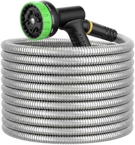 25FT Stainless Steel Garden Hose with 10-Pattern Spray Nozzle by Unknown