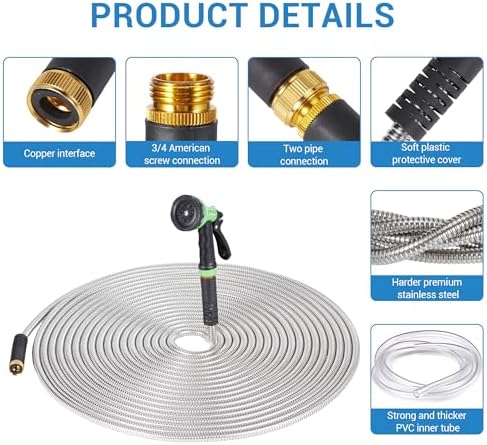 150 ft Stainless Steel Garden Hose with 10-Function Spray Nozzle, Kink-Free Flexible Metal Water Hose, Solid Brass 3/4'' Connectors, Heavy Duty, Durable, Leak-Proof - Image 2