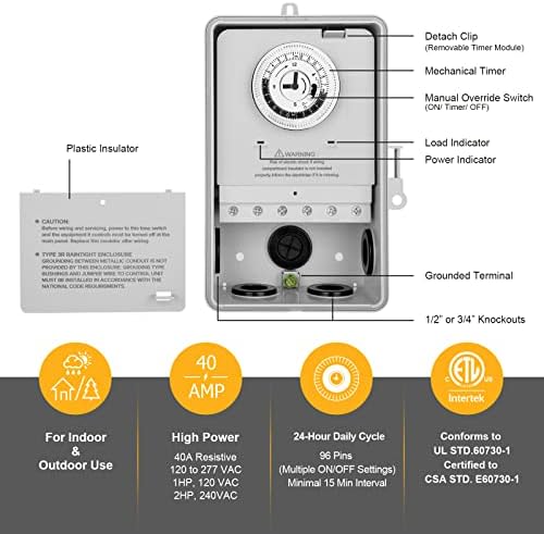 SURAIELEC 24-Hour Cycle Mechanical Pool Timer, 40Amp 2HP, 120/240/277VAC - Image 2