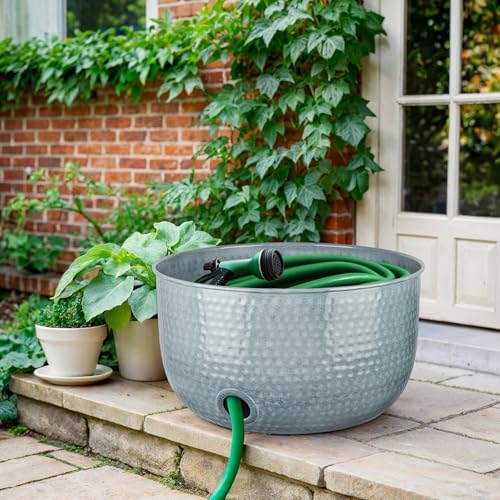 Monarch Abode Garden Hose Holder with Lid – Decorative Water Hose Holders for Outside, Hand Hammered Metal Patina Pot with Drainage, 100ft Waterhose Holder for Outside, Garden Storage Caddy - Image 6