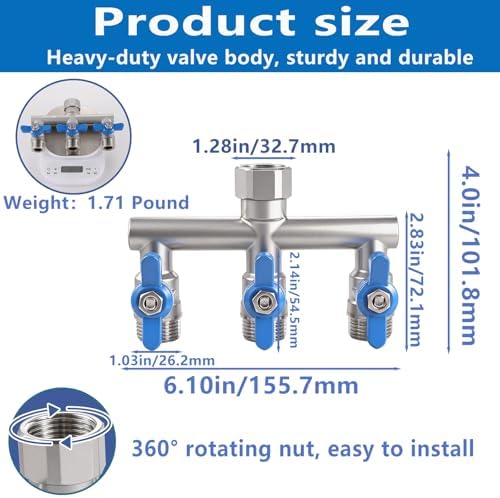 304 Stainless Steel Garden Hose Splitter 3 Way Heavy Duty, Full Flow T Valve Water Hose Splitter With 2.1" Extra Long Handle, Lead-free，3/4" GHT Thread Connector For Outdoor Spigot Faucet - Image 2