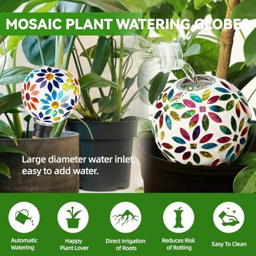 VOREEN Mosaic Glass Plant Watering Globes 2 Pack 500ml with Terracotta Spikes, Handmade Self-Watering Stakes for Indoor/Outdoor, Gift for Garden Lover,Multi Colored Flowers - Image 4