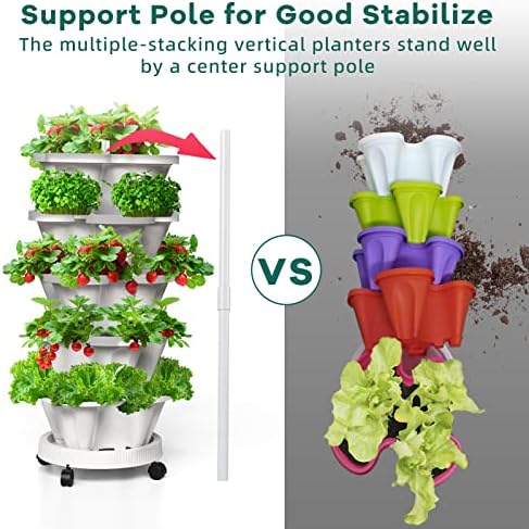 7 Tiered Strawberry Vertical Planter 2 Pack, Stackable Tower Garden Planter Herb Garden Planter with Movable Casters and Bottom Saucer Indoor and Outdoor - White - Image 3