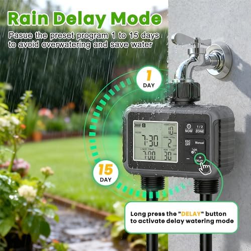 Sprinkler Timer 2 Zone, IPX5 Waterproof Programmable Water Hose Timer with Rain Delay, Child Lock, Manual Watering for Outdoor Automatic Irrigation for Garden, Lawn, Yard (AA Batteries Not Included) - Image 6