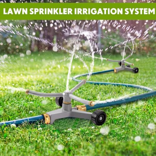 2 Pcs Metal Rotary Lawn Sprinkler 3 Arm Heavy Duty 360 Degree Automatic Revolving Whirling Water Sprinkler with Wheeled Base for Lawn Yard Garden Backyard, Cover up to 538 sq ft (Grey) - Image 3