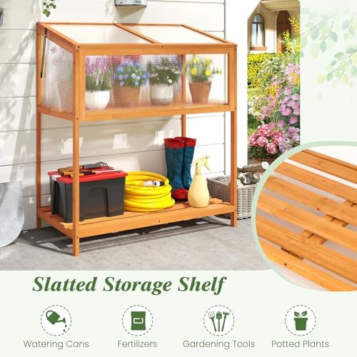 Giantex Wood Cold Frame Greenhouse, Raised Flower Planter Protection with Transparent Openable Roof & Slatted Shelf, Indoor Outdoor Hot House for Garden Balcony, 36”x20”x42” - Image 4