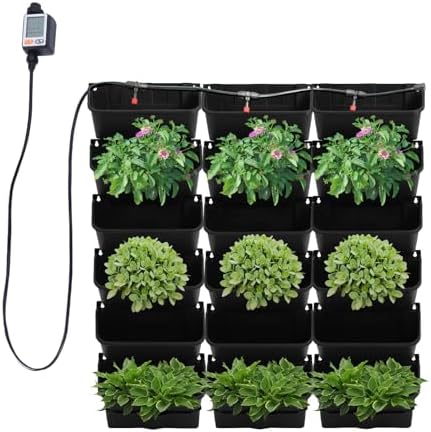 Self-Watering Wall-Mounted Planter, 18 Pots Wall Mounted Plastic Plant Grow Pot Vertical Garden Planter with Intelligent Control & Adjustable Irrigation System for Indoor Outdoor (Black, 18 Pots) by GoodLucky