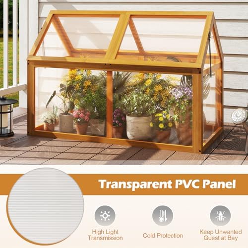 Giantex Wood Cold Frame Greenhouse, Portable Raised Flower Planter Protection with Transparent Panels & Adjustable Roof, Small Indoor Outdoor Hot House for Garden Balcony, 40”x21”x28” - Image 2