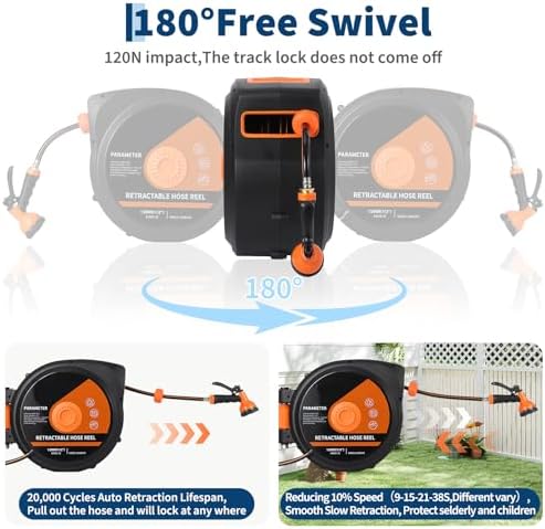 100 Ft X1/2 in Retractable Garden Hose Reel, Wall Mounted Heavy Duty Garden Hose Reel with 10 Spray Nozzle, Slow Retraction System, 180°Swivel Bracket, UV Resistant & 3-Layer Protect - Image 5