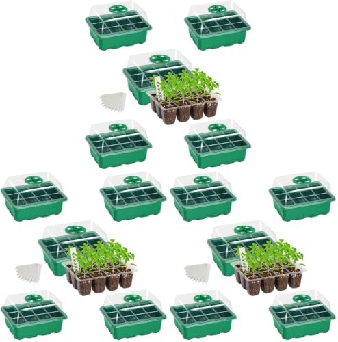 Bonviee 15-Pack Seed Starter Trays, Humidity Dome, Base, 12-Cell Tray, Green by BonvieeDirect