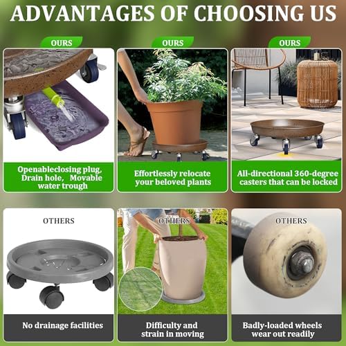 20" Metal Plant Caddy, Heavy Duty Planter Pot Mover with Iron Lockable Wheels and Drain Hole, Large Rolling Dolly Planter Caddy Flower Pot Indoor and Outdoor Flowerpot Tray (2pcs) - Image 5