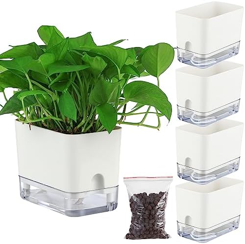 Planterhoma Self Watering Plant Pots for Indoor Plants 7 inch, 4 Packs Rectangle Self-Watering Planters with Drainage Hole, White African Violet Pots for Devil's Ivy, Spider Plant, Orchid, Herb by Planterhoma
