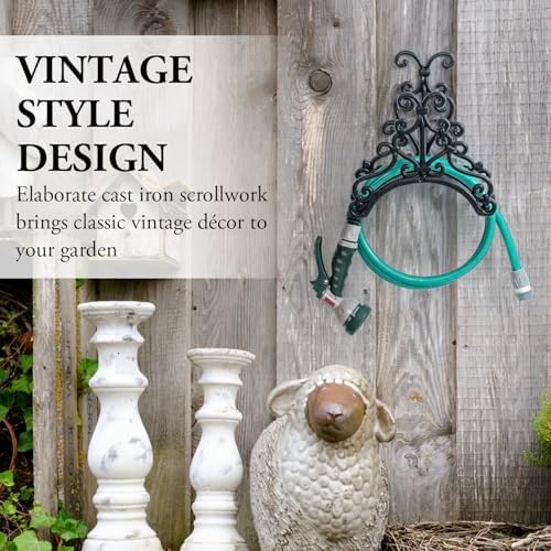 MyGift Brown Heavy Duty Cast Iron Outdoor Garden Hose Hanger Wall Mounted Water Hose Holder Reel with Vintage Scrollwork Design (Floral Pattern) - Image 3