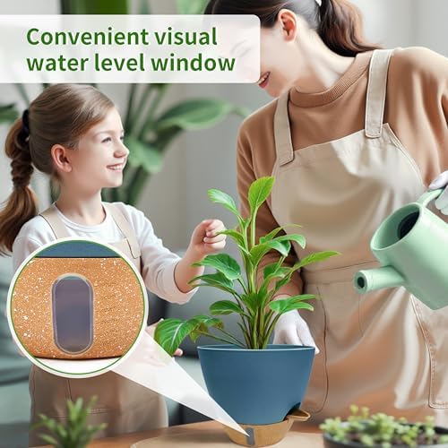 12/10/9/8 inch Self Watering Pots with Visual Water Window, Extra Large Self Watering Plant Pot with Drainage Holes and Saucers, Blue Flower Pots for Indoor Plants - Image 4