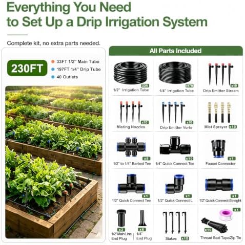 230FT Drip Irrigation System, Garden Watering Kit with 33FT 1/2 in Main Tube, 197FT 1/4 in Tube, 40 Adjustable Emitters, Misters and Sprayers for Raised Beds Greenhouse, Size: 230FT - Image 2
