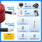 Sewer Jetter Kit for Pressure Washer, 50FT 5800 PSI Drain Cleaner Hose with 1/4" NPT Corner, Rotating and Button Hose Sewer Jetting Nozzle, Waterproof Tape, Pearl Corsage Pin, Spanner, Glove - Image 3