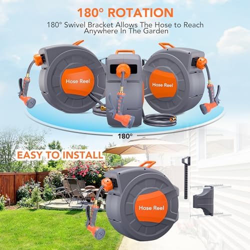 1/2 in x 72 ft Retractable Garden Hose Reel, Wall Mounted, 9-Function Nozzle, Any Length Lock, 180° Swivel, Auto Slow Rewind for Watering Lawn, Washing Car, Cleaning Patio - Image 2