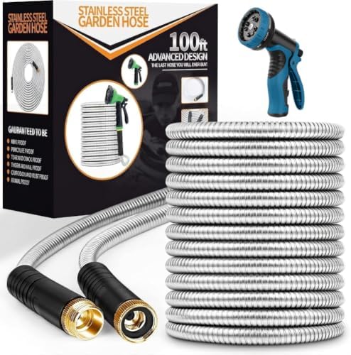 Unywarse Garden Hose 100FT Metal Water Hose with 10 Function Nozzle No-Kink by Unywarse