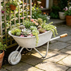 Rustic Large Metal Flower Pot Cart, Wheelbarrow Planter with Wooden Handles, Vintage Decorative Plant Holder for Indoor Outdoor Garden Patio Farmhouse, 23.62" L - Image 2
