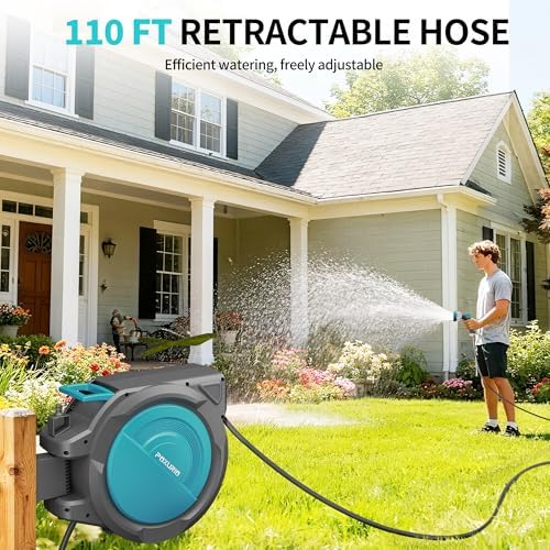 1/2" 110FT Retractable Garden Hose Reel, Wall Mounted Automatic Hose Reel with Upgraded 10 Pattern Nozzle/Any Length Lock/Slow Return System/180°Swivel Bracket, AquaBlue - Image 5