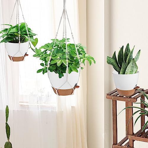 Vanslogreen Hanging Planters for Indoor Outdoor Plants, 12 Inch Self Watering Hanging Pot with Drainage Holes & Removable Tray, Macrame Plant Hanger for Boho Home Decor (Ivory+White)(Ivory+White) - Image 7