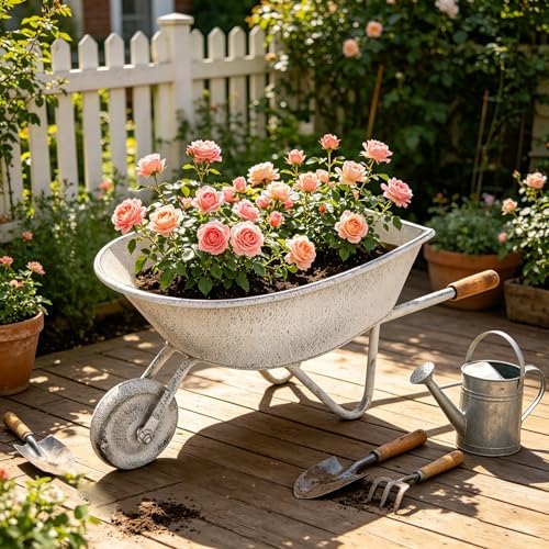 Rustic Large Metal Flower Pot Cart, Wheelbarrow Planter with Wooden Handles, Vintage Decorative Plant Holder for Indoor Outdoor Garden Patio Farmhouse, 23.62" L by Unknown