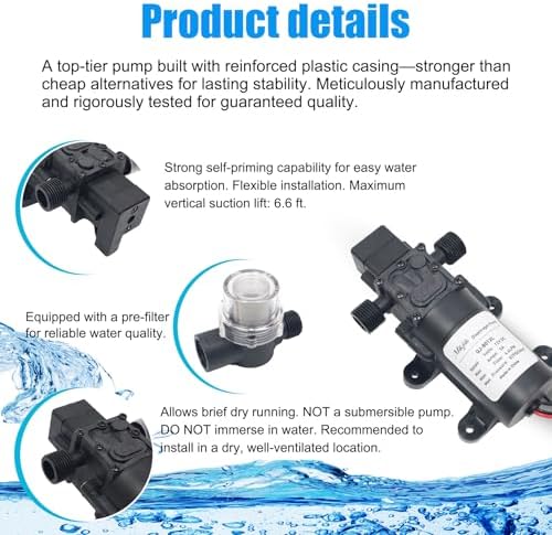 DC 12V Diaphragm Pump, Self-Priming Water Pump with Deluxe Hose Quick Connect Kit, 1.2 GMP, 87 PSI, Suitable for Garden Irrigation, RV, Camper, Shower, and Marine Boat - Image 5