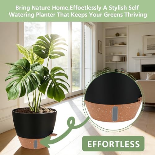 Self Watering Pots with Water Level Indicator, 12" 10" 9" 8" Large Plastic Flower Pots with Mesh Drainage Hole and Removable Saucer Reservoir for Indoor Outdoor Plants 4pcs （Black - Image 6