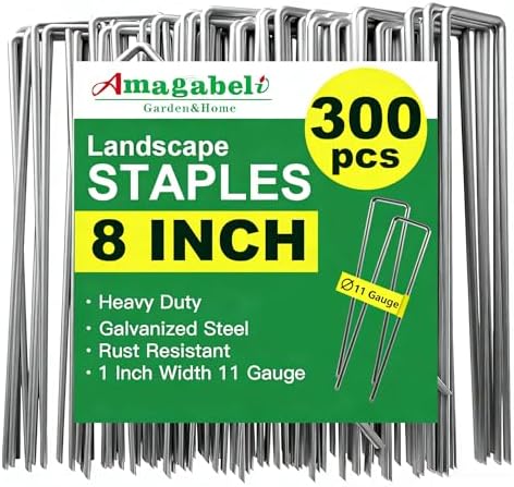 AMAGABELI GARDEN & HOME 300 Pack Galvanized Landscape Staples 8 Inch 11 Gauge Garden Staples Garden Stakes Plant Cover Stakes U-Shaped Landscape Stakes Landscape Pins for Weed Barrier Fabric by AMAGABELI+GARDEN+%26+HOME