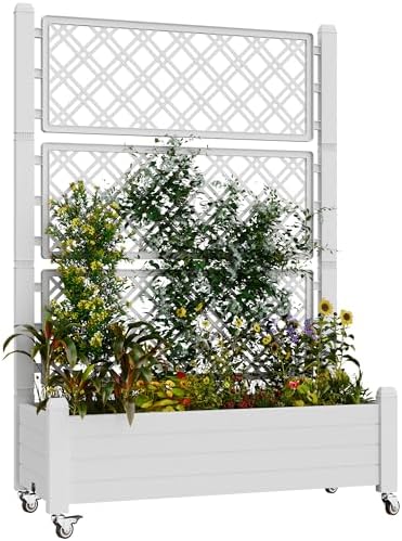 Resin Raised Garden Bed with Trellis and Wheels - Plasitc Planter Box with Trellis Outdoor with Drainage Holes & Water Monitor for Climbing Plants, Flower, Medium Ashen(61.2" H) by WTFGO