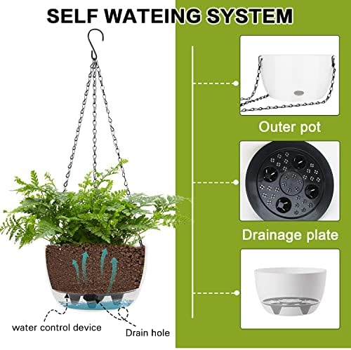 Sungmor Self Watering Hanging Planter for Indoor Plants, 9.4" & 11.2" 2-PACK Large White Plastic Hanging Basket, Garden Flower Pots with Hanging & Standing Design, Thickened Sturdy Drainage Plant Pots - Image 3