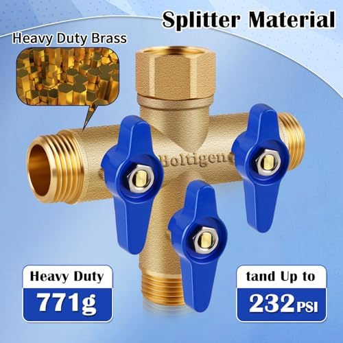 Boltigen 3 Way Garden Hose Splitter with Full Flow Port Heavy Duty Brass Water Hose Splitter 3/4'' GHT "+" Type Hose Connector Fitting Shut off Diverter Control Valve, for Outdoor Faucet Irrigation - Image 5