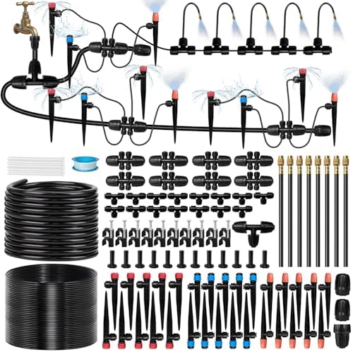 250FT Drip Irrigation System for Garden with 38pcs Adjustable Copper Nozzles & Emitters, Automatic Garden Watering System with 1/2" & 1/4" Tubing for Raised Bed, Yard, Greenhouse, Potted Plants, Lawn by GGAQHLK