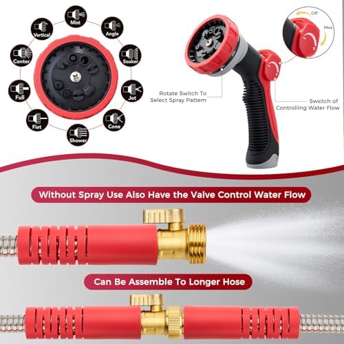Stainless Steel Garden Hose 50ft, Heavy Duty Water Hose with 10 Functional Nozzles, No Kink, Lightweight and Flexible, Strong and Durable, Suitable for Outdoor,Yard and Lawn - Image 5