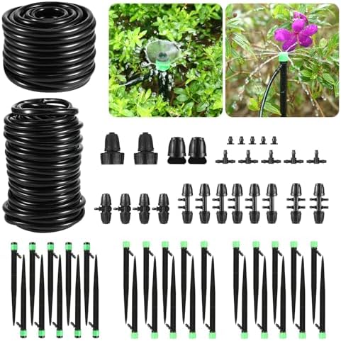 Drip Irrigation Kit for Garden, Raised Beds, Lawn - Adjustable Watering System with Drip Emitters, 5/16" & 1/4" Tubing, Barbed Fittings by Gobelief