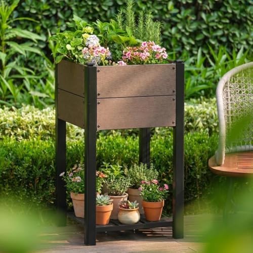 IDEALHOUSE 19.37"x19.37"x33.46" Raised Garden Bed, HDPE Elevated Planter Box with Sturdy Aluminum Frame, Wood Grain Outdoor Planter with Storage Shelf for Patio, Balcony, Lawn - Image 2
