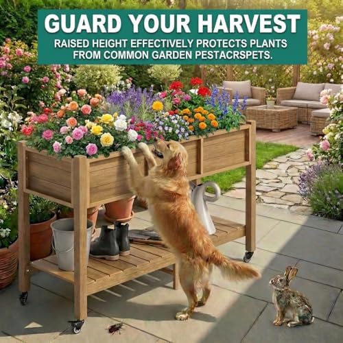 YITAHOME Raised Garden Bed HDPE, 47x18x31In Raised Flower Bed Poly-Wood Weather-Resistant Elevated Planter Box with Lockable Wheels & Storage Shelf for Vegetable Flower, Brown - Image 2