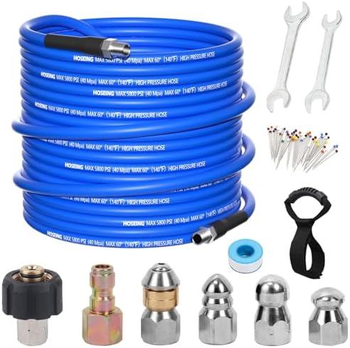 100FT Pressure Washer Sewer Jetter Kit, 5800 PSI Water Jet Drain Cleaner Hose with Corner Rotating Button Nose Nozzle, 1/4 Inch NPT, Kit Includes Sewer Jetting Nozzles and Spanner Handle Strap by HOSEING