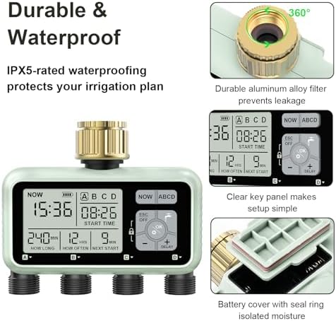Watering Timer 4 Zone with with Brass Inlet, Sprinkler Timer 4 Outlet - Image 5