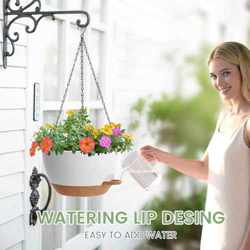 2 Pack 12 Hanging Flower Pots with Chains Self Watering Plastic Planters for Indoor Outdoor Plants, Sturdy Triangular Iron Chain Design for Garden PorchPlastic hanging flower pots (2, White-brown) - Image 4