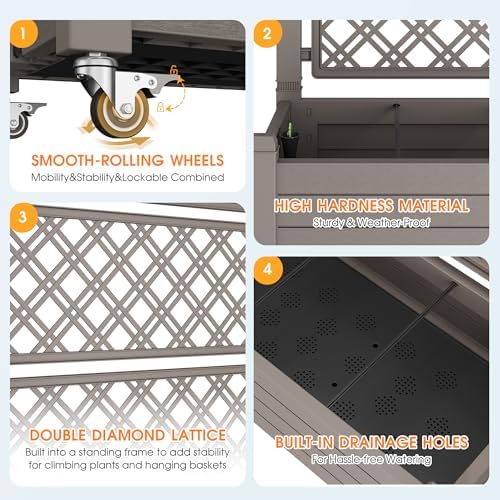 Resin Raised Garden Bed with Trellis and Wheels - Plasitc Planter Box with Trellis Outdoor with Drainage Holes & Water Monitor for Climbing Plants, Flower, Gray(61.2" H) - Image 6