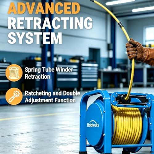 Heavy Duty Retractable Air Hose Reel, 3/8" x 100FT Flex Hybrid Hose, 300PSI Max, Spring-Driven Steel Frame, Floor-Standing Quad Pod Design, Portable & Kink-Resistant - Image 6