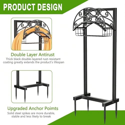 Garden Hose Holder Stand with Storage Basket, Heavy Duty Freestanding Water Hose Hanger Holds 151ft, Rust-Resistant Outdoor Hose Rack for Yard Lawn Farm - Image 2