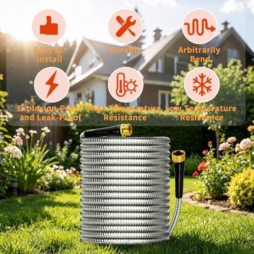 Garden Hose, Stainless Steel Metal Water Hose with 3/4" Solid Brass Connector for Yard Lawn Outdoor Rv No Kink Puncture Proof (Sliver, 50 Ft) - Image 4